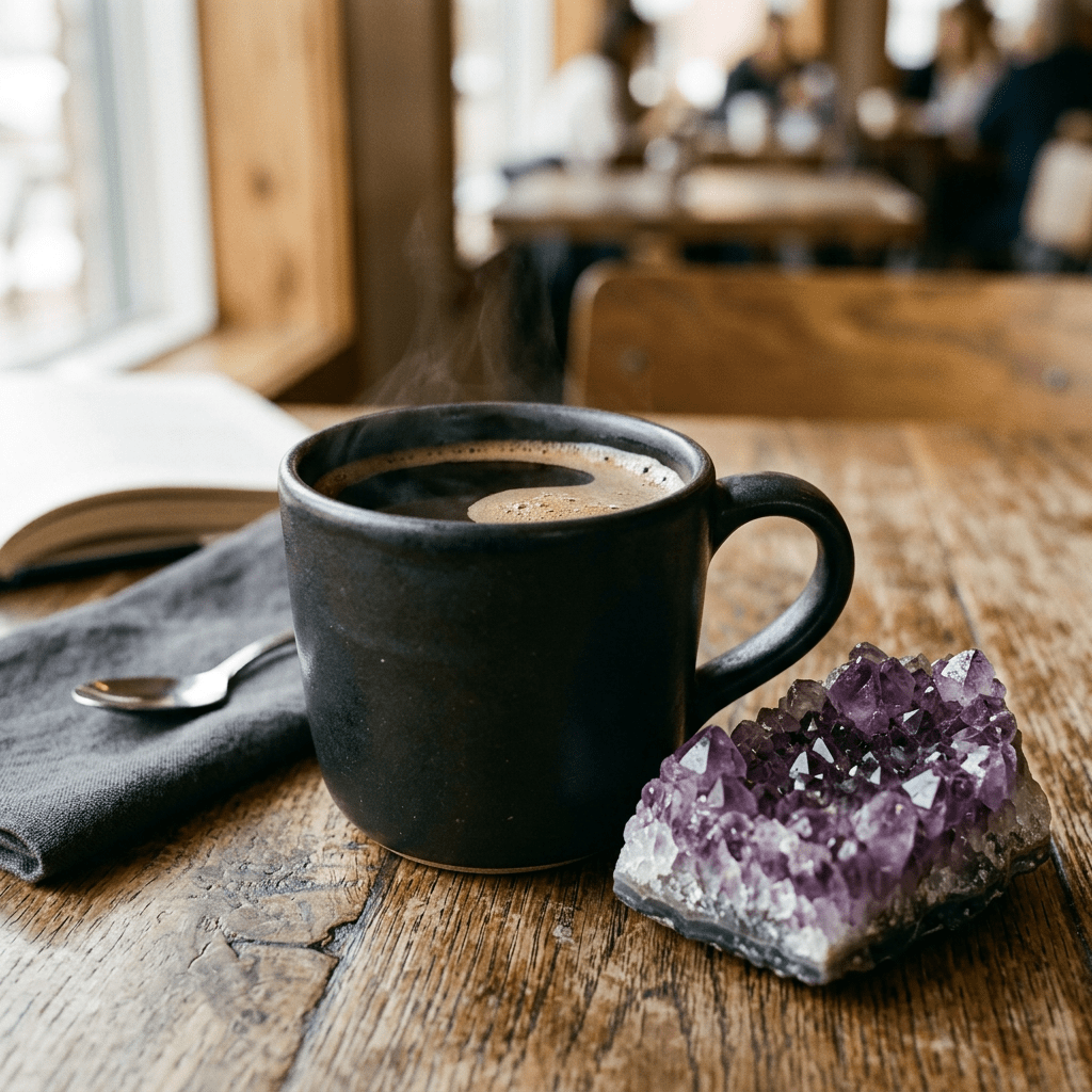 Steaming black coffee in a dark mug beside a purple amethyst crystal on a rustic wooden table